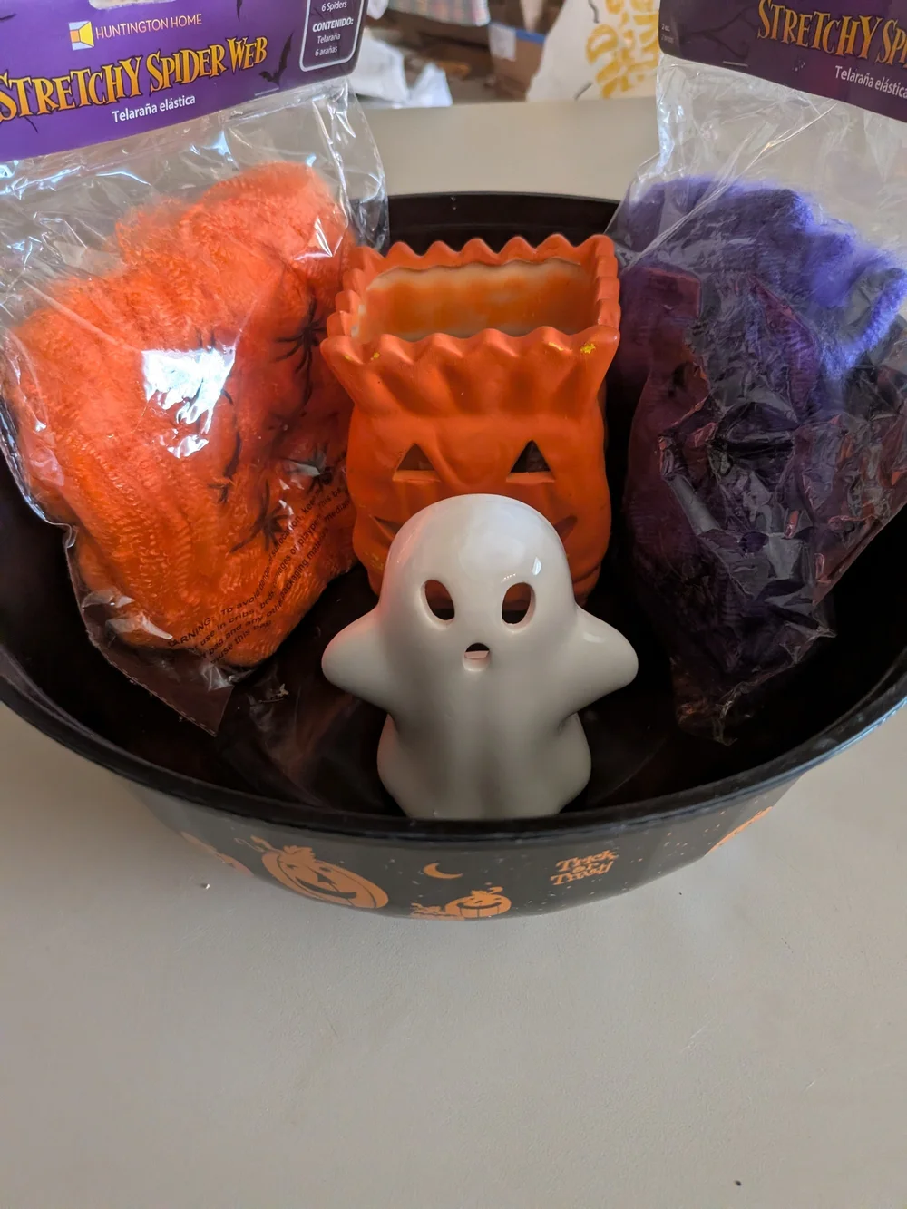 Halloween Bundle, 2 Stretchy Spider Webs, 2 Ceramic Tea Light Holders, And Bowl